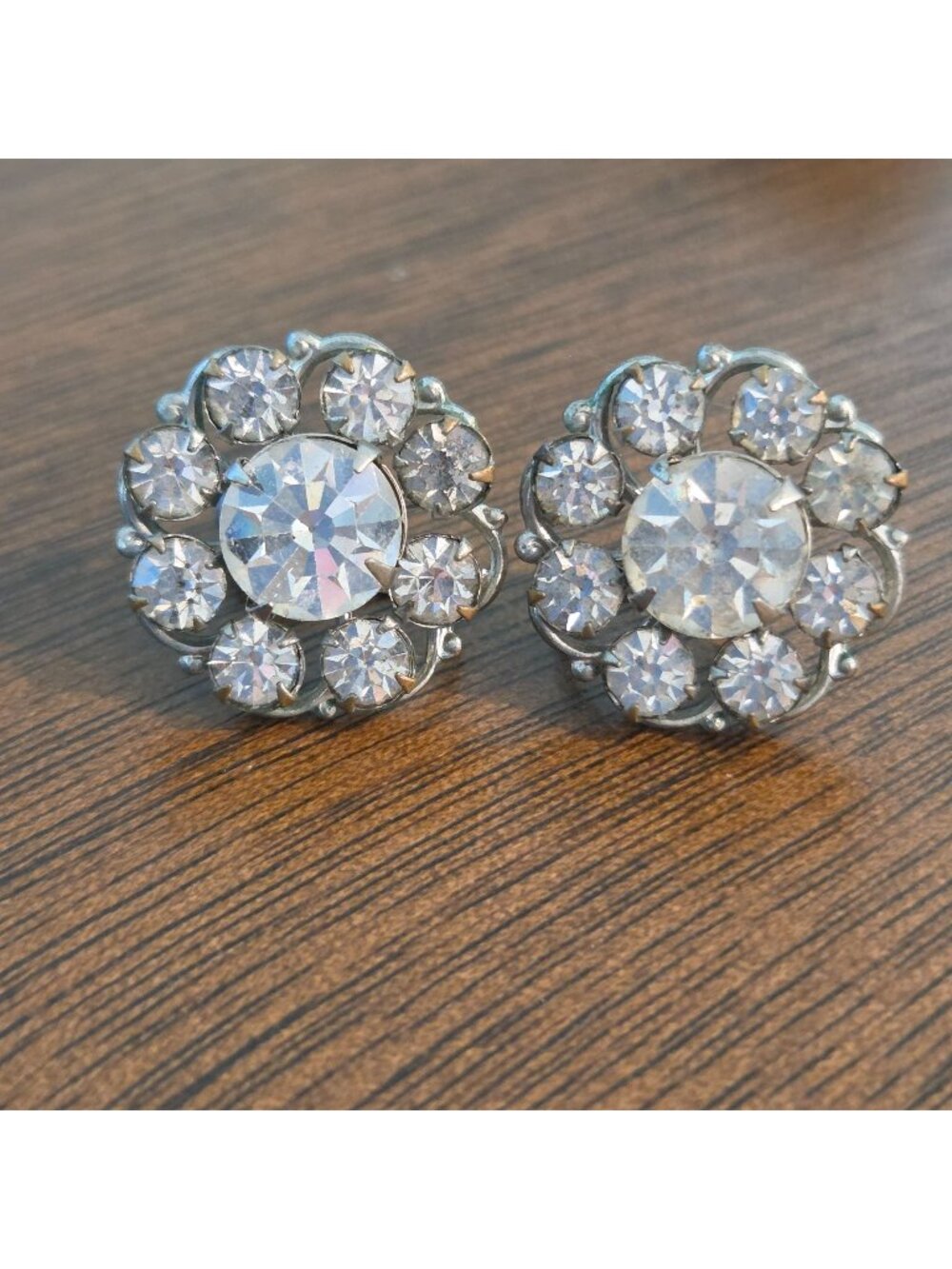 Vintage 50s Floral Round Rhinestone Floral Screw Back Clip on Earrings